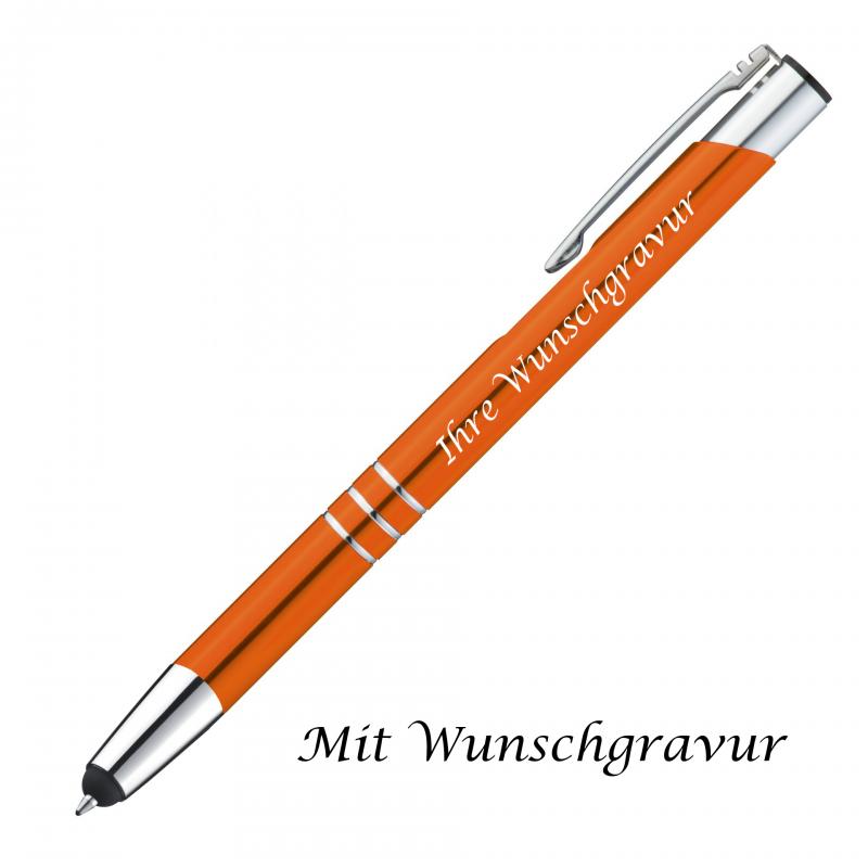 10 Touchpen Kugelschreiber aus Metall mit Gravur / Farbe: orange