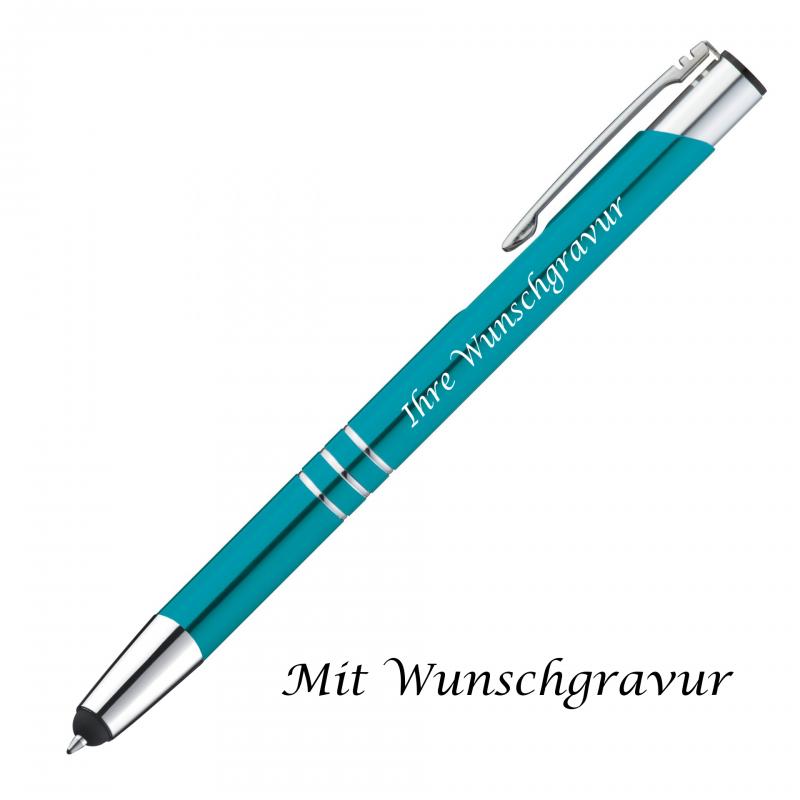10 Touchpen Kugelschreiber aus Metall mit Gravur / Farbe: türkis