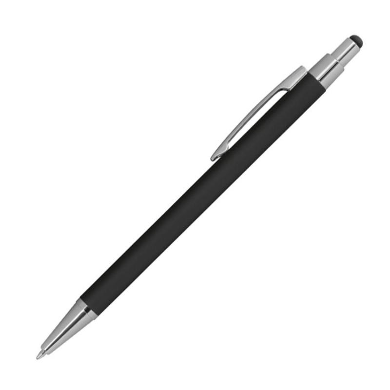 10 Touchpen Kugelschreiber aus Metall mit Gravur / gummiert / Farbe: schwarz