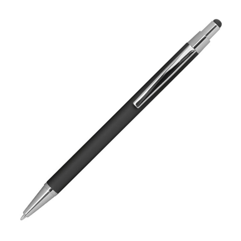 10 Touchpen Kugelschreiber aus Metall mit Gravur / gummiert / Farbe: schwarz