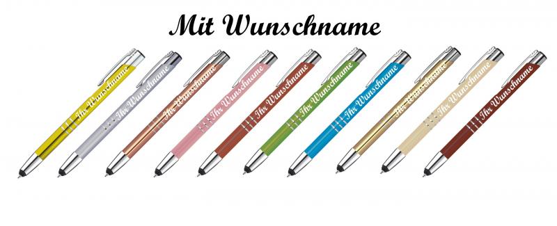 10 Touchpen Kugelschreiber aus Metall mit Namensgravur - 10 verschiedene Farben