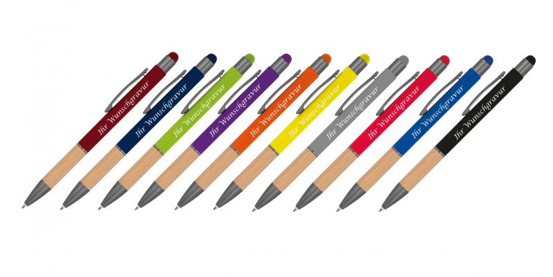 10 Touchpen Kugelschreiber mit Griffzone aus Bambus mit Gravur / 10 Farben