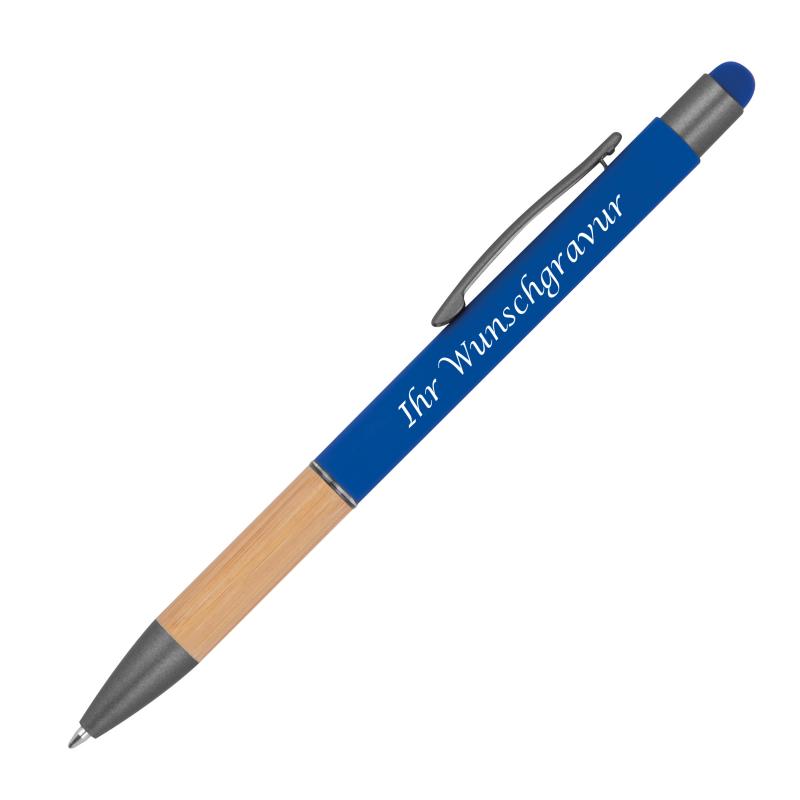 10 Touchpen Kugelschreiber mit Griffzone aus Bambus mit Gravur / 10 Farben