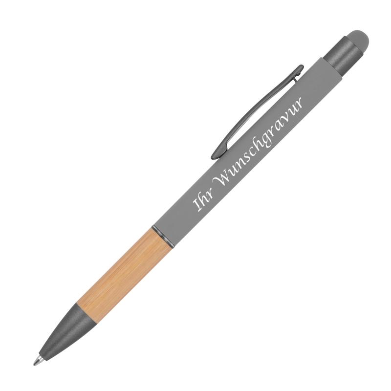 10 Touchpen Kugelschreiber mit Griffzone aus Bambus mit Gravur / 10 Farben