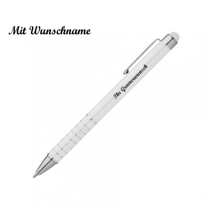 10 Touchpen Kugelschreiber mit Namensgravur - aus Metall - Farbe: weiss