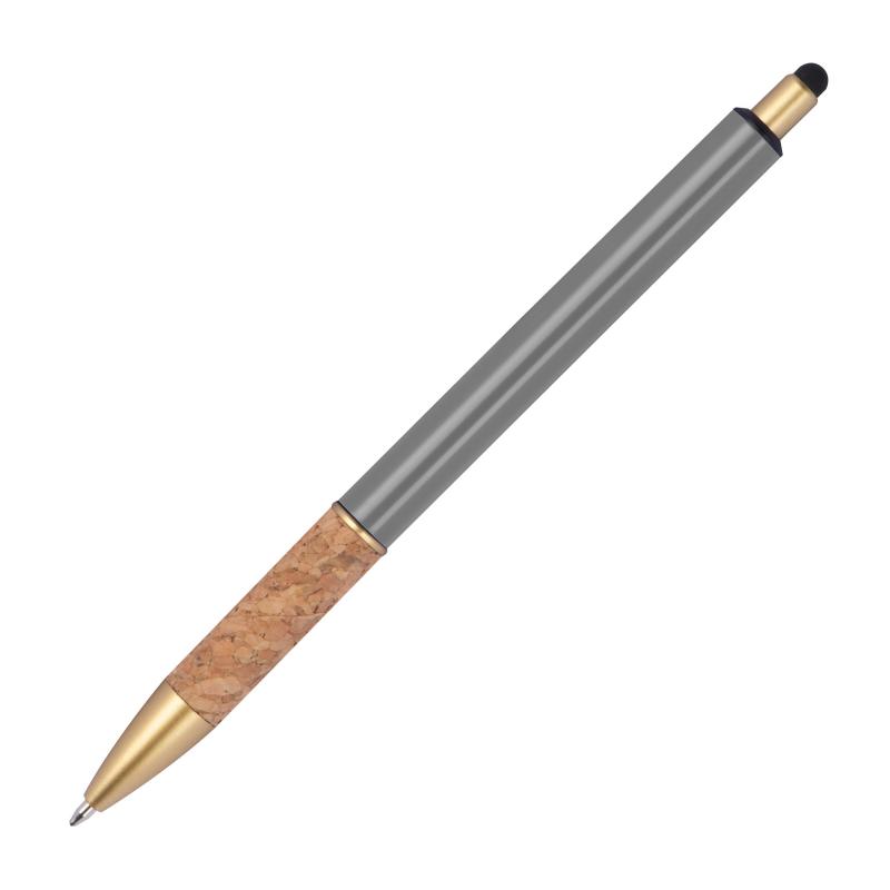 10 Touchpen Metall-Kugelschreiber mit Gravur / mit Korkgriffzone / Farbe: grau