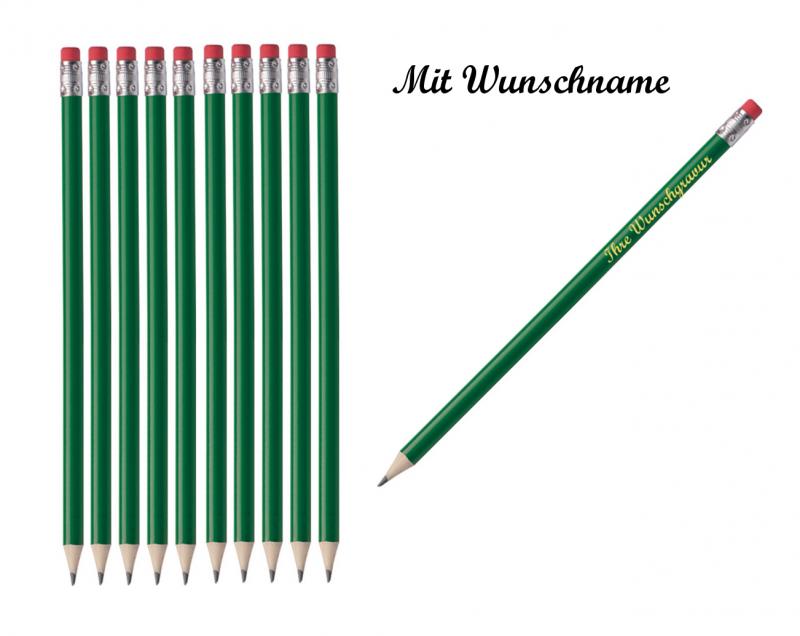 100 Bleistifte mit Radierer - HB - Farbe: lackiert grün - mit Namensgravur