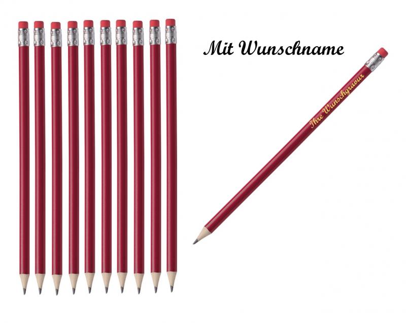 100 Bleistifte mit Radierer - HB - Farbe: lackiert rot - mit Namensgravur