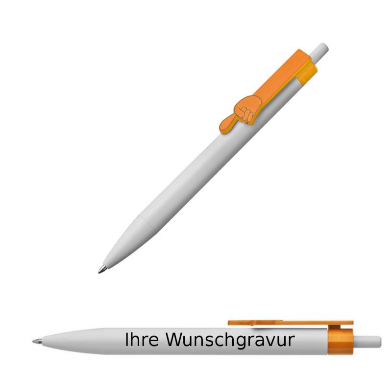 100x Druckkugelschreiber mit Gravur / "Fingerzeig" / Clipfarbe: orange