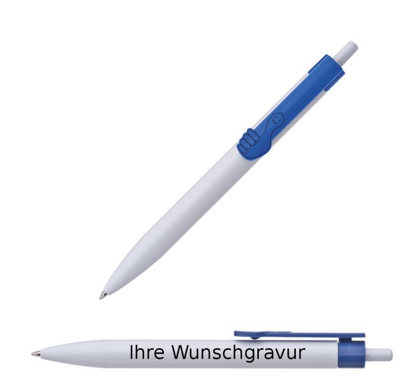 100x Druckkugelschreiber mit Gravur / "Hände" / Clipfarbe: blau