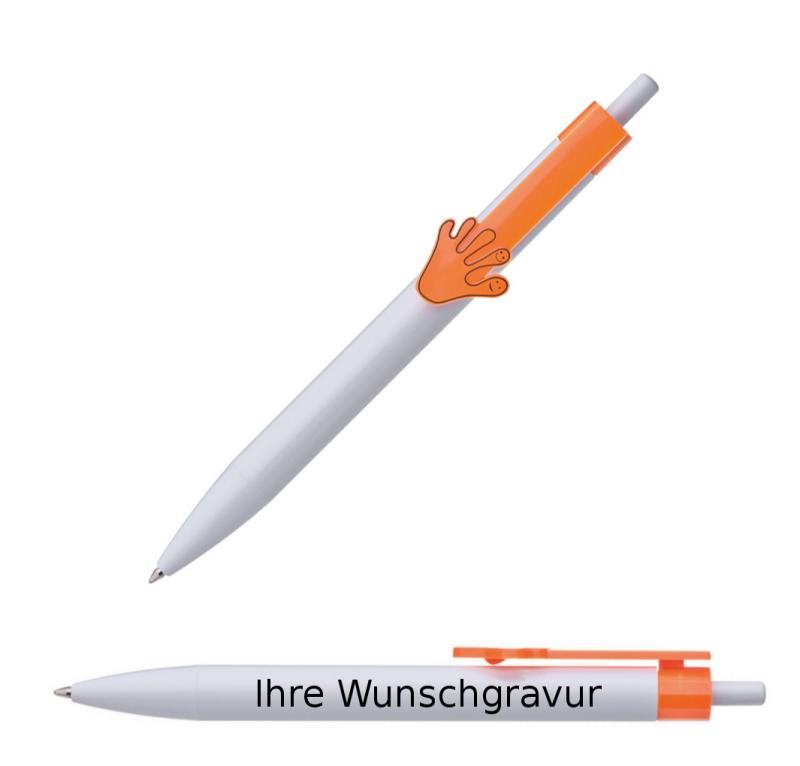 100x Druckkugelschreiber mit Gravur / "Hände" / Clipfarbe: orange