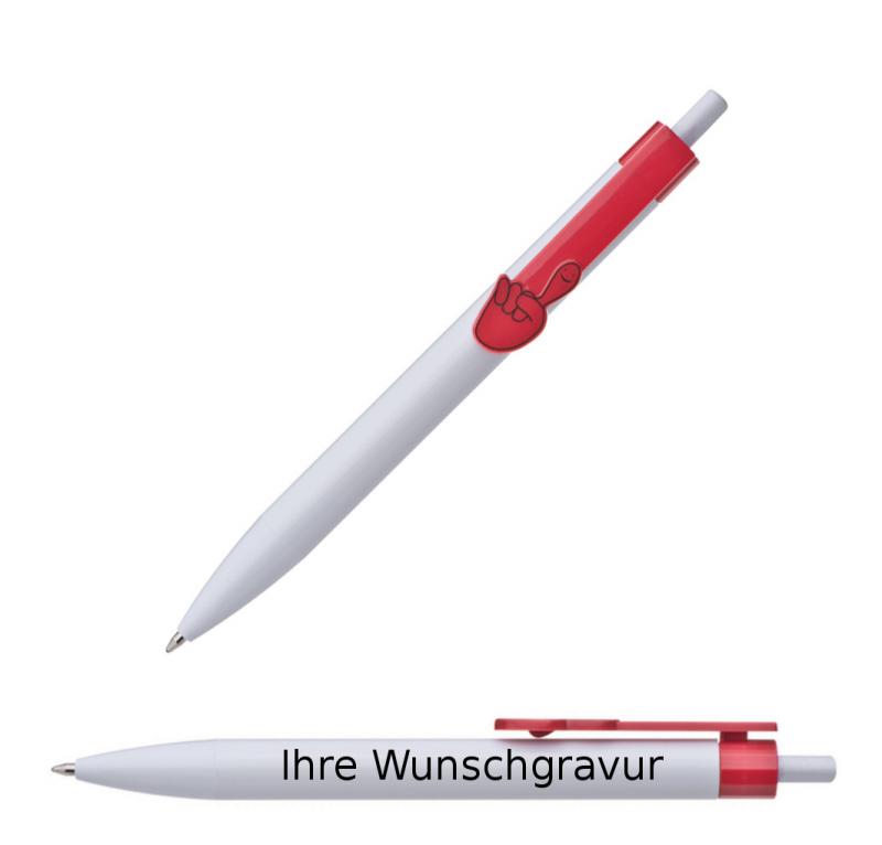 100x Druckkugelschreiber mit Gravur / "Hände" / Clipfarbe: rot