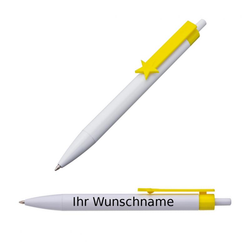 100x Druckkugelschreiber mit Gravur / "Stern" / Clipfarbe: gelb