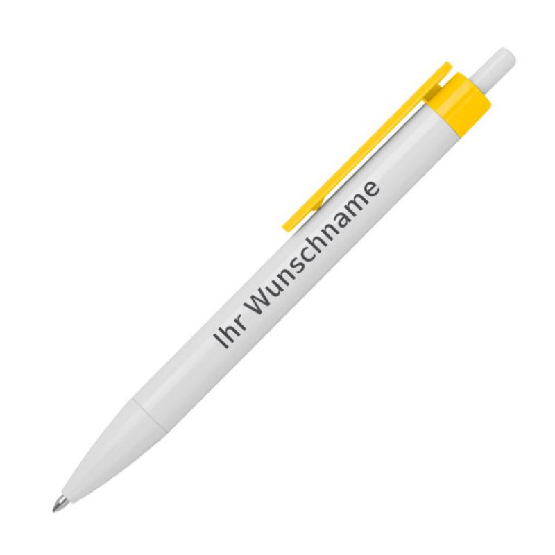 100x Druckkugelschreiber mit Gravur / Farbe: weiß-gelb
