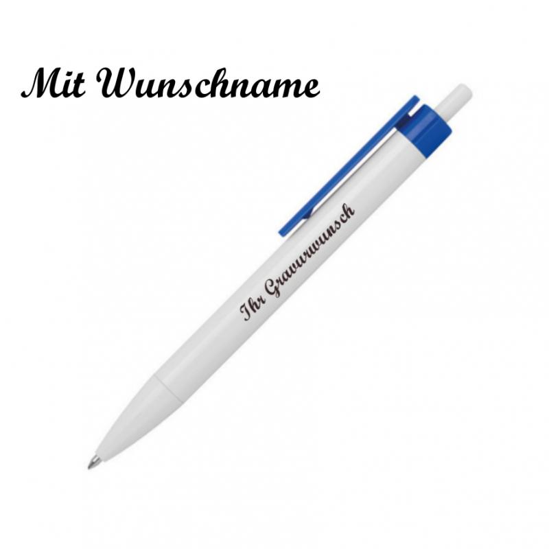 100x Druckkugelschreiber mit Namensgravur - Farbe: weiß-blau