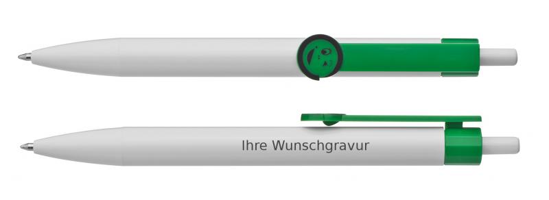 10x Druckkugelschreiber mit Gravur / mit Smile Gesicht / Clipfarbe: grün