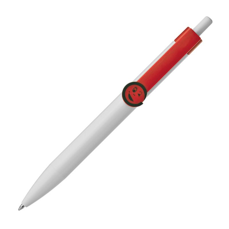 10x Druckkugelschreiber mit Gravur / mit Smile Gesicht / Clipfarbe: rot