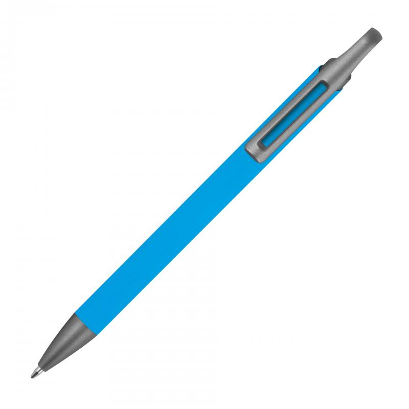 10x Gummierter Soft Touch Gel Kugelschreiber aus Metall mit Gravur / hellblau