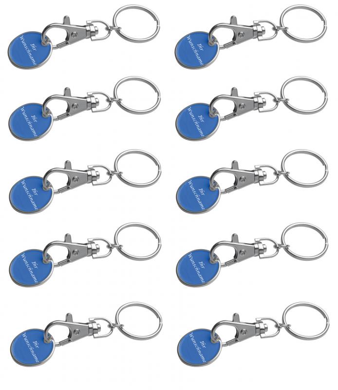 10x Metall Schlüsselanhänger mit Gravur / mit Einkaufschip / Farbe: blau