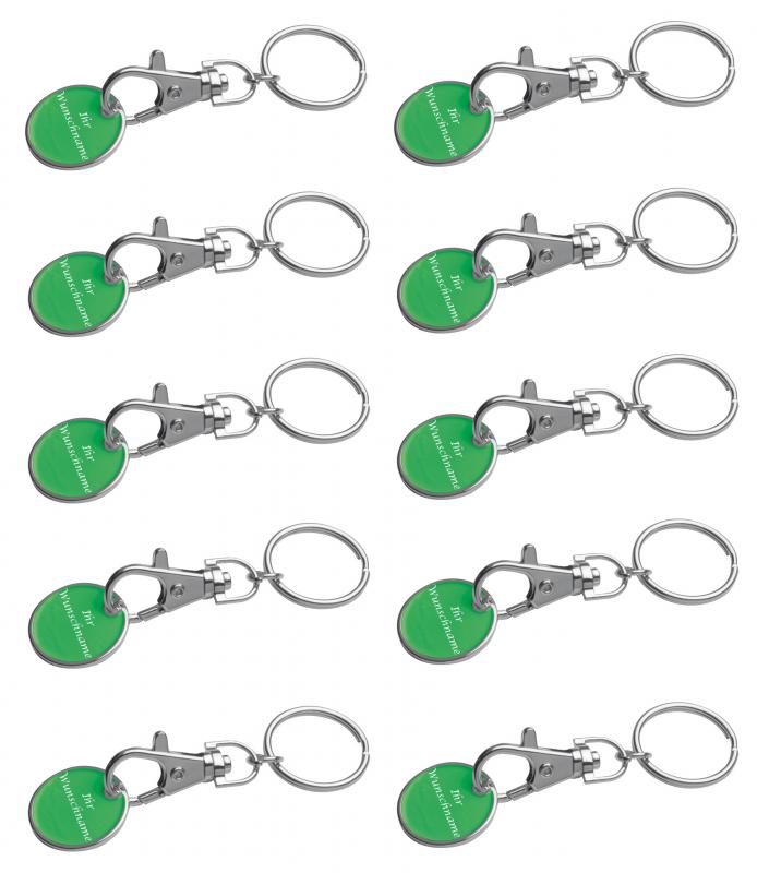 10x Metall Schlüsselanhänger mit Gravur / mit Einkaufschip / Farbe: grün