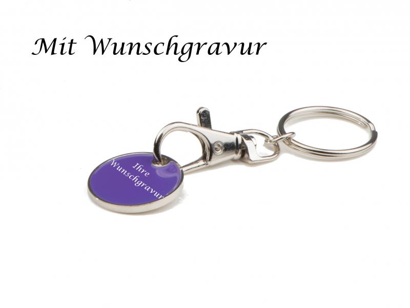10x Metall Schlüsselanhänger mit Gravur / mit Einkaufschip / Farbe: violett