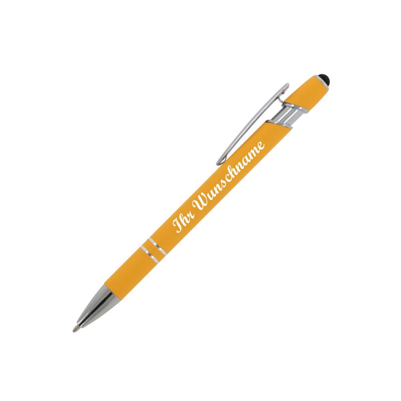 10x Touchpen Kugelschreiber mit Namensgravur - aus Metall - Soft-Touch - gelb