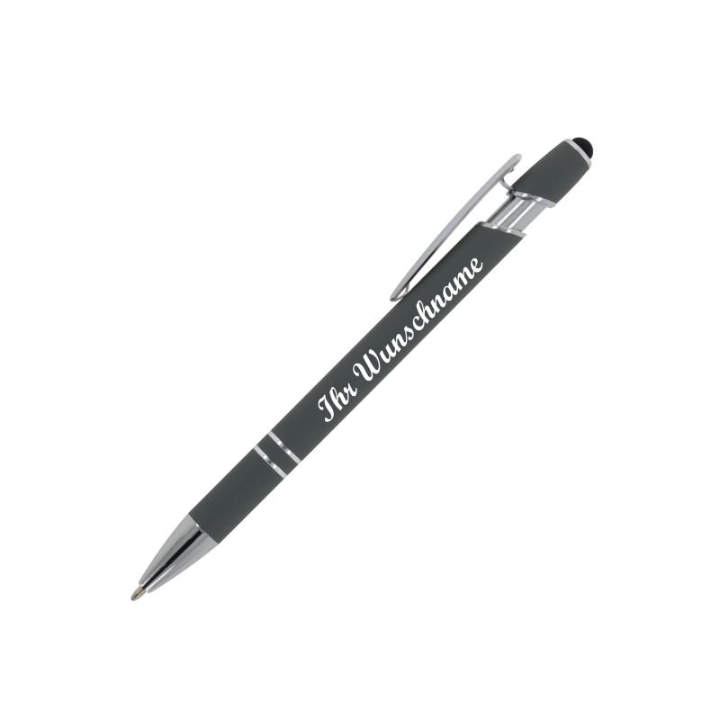 10x Touchpen Kugelschreiber mit Namensgravur - aus Metall - Soft-Touch - grau