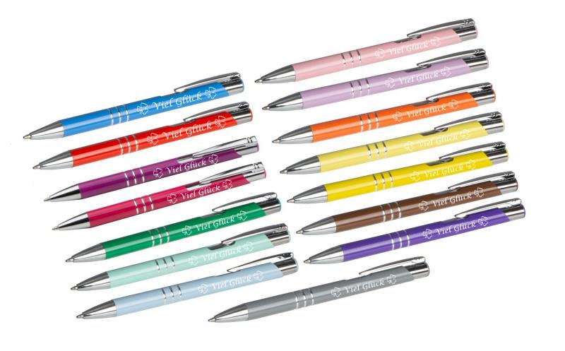 15 Kugelschreiber mit Gravur "Viel Glück" / aus Metall / 15 verschiedene Farben