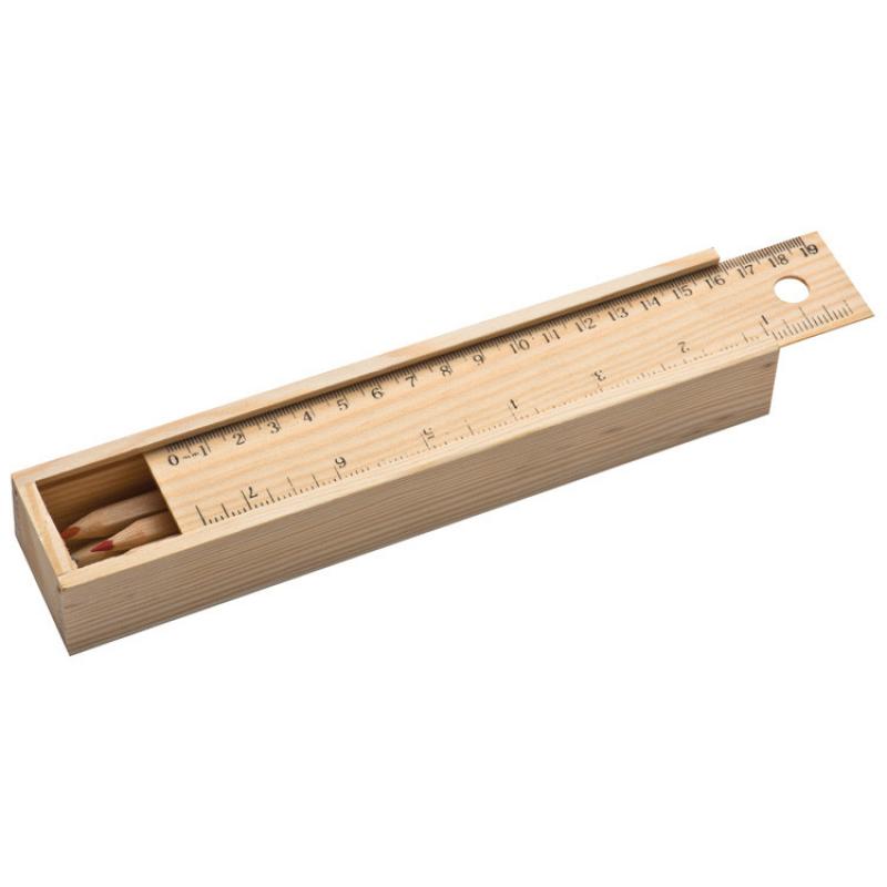 3x Holzbox mit Gravur / mit 24 Buntstifte / Deckel mit Lineal / naturbelassen