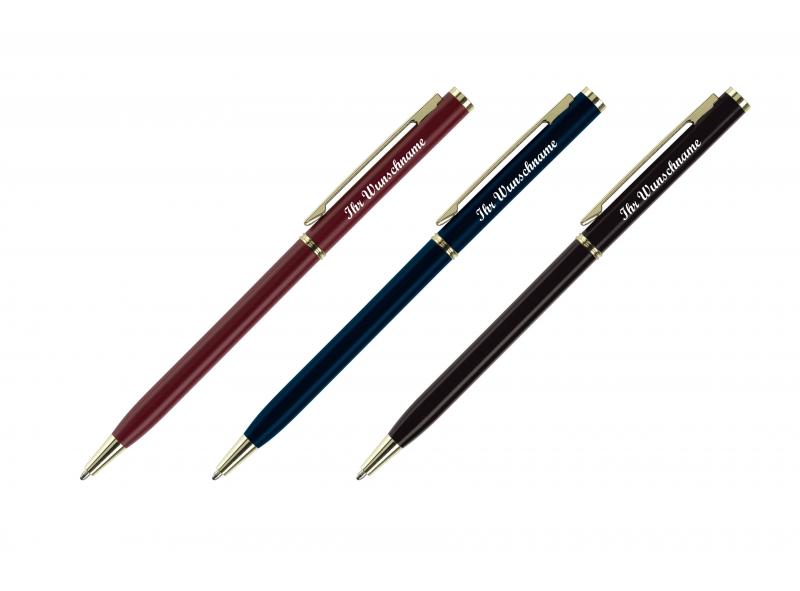 3x Metal-Kugelschreiber "slim" mit Namensgravur - goldfarbige Teile - 3 Farben