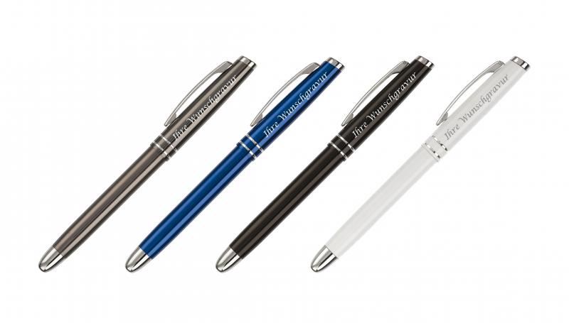 4x Rollerball mit Gravur / aus Metall / mit 2 Zierringen / 4 Farben
