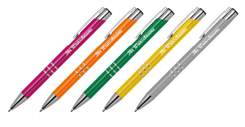 5 Kugelschreiber aus Metall mit Namensgravur - je 1x pink,oange,grün,gelb,grau