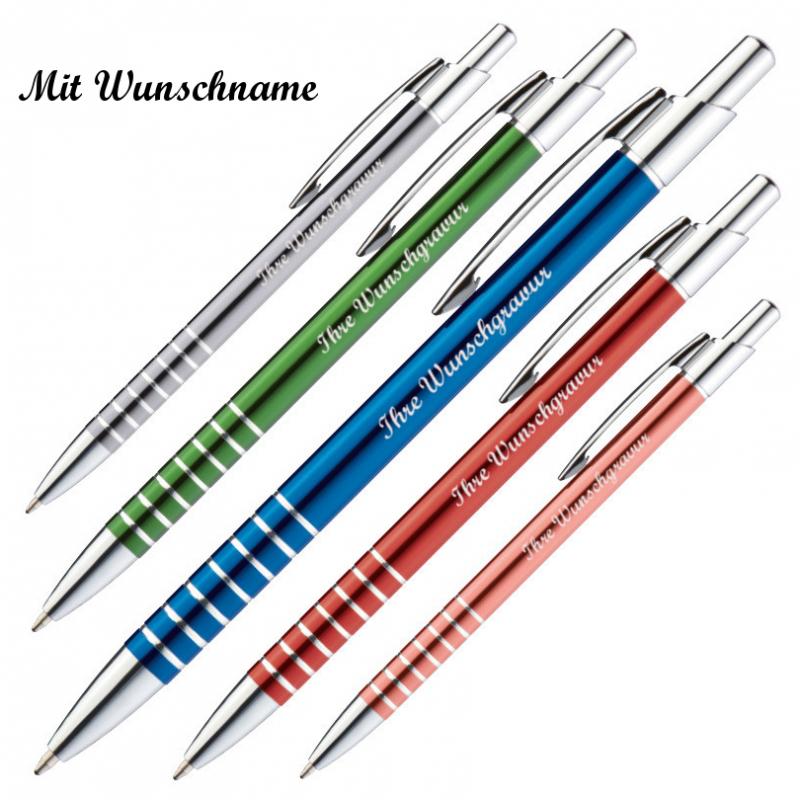 5 Metall-Kugelschreiber mit Namensgravur - je 1x blau, rot, grau, grün, orange