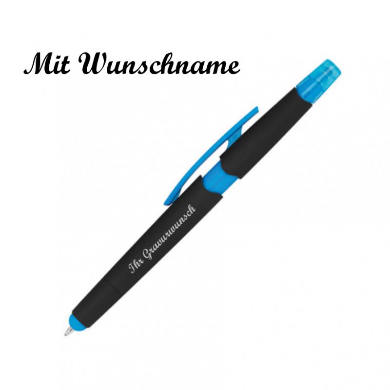 5 Touchpen Kugelschreiber mit Namensgravur - mit Textmarker - Farbe: hellblau