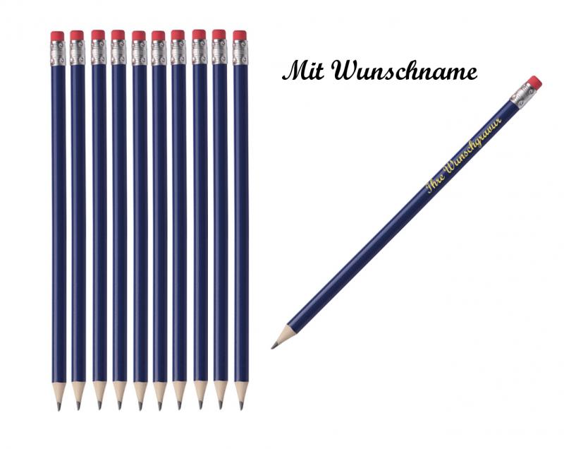 50 Bleistifte mit Radierer - HB - Farbe: lackiert blau - mit Namensgravur
