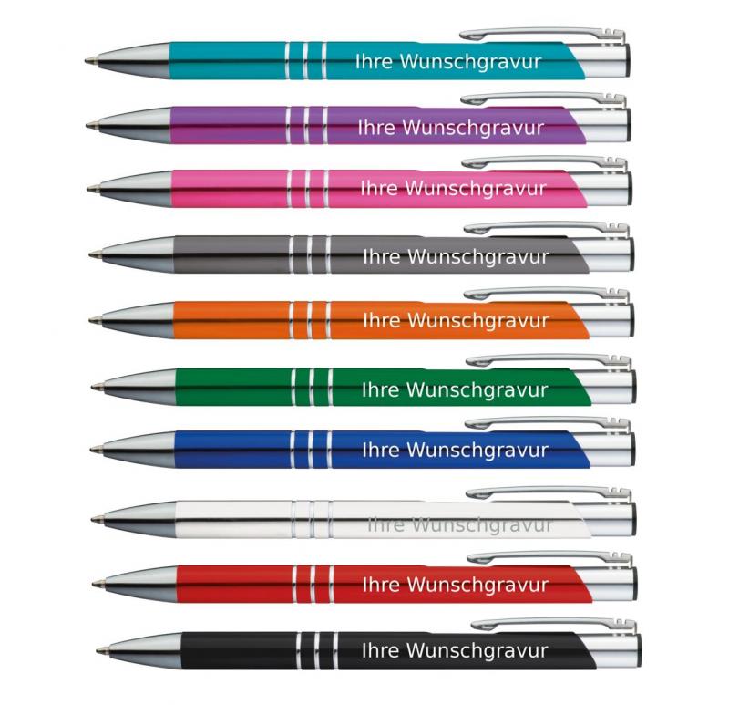 50 Kugelschreiber aus Metall / mit Gravur / 10 verschiedene Farben