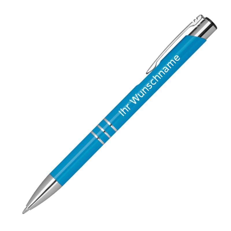 50 Kugelschreiber aus Metall mit Gravur / Farbe: hellblau