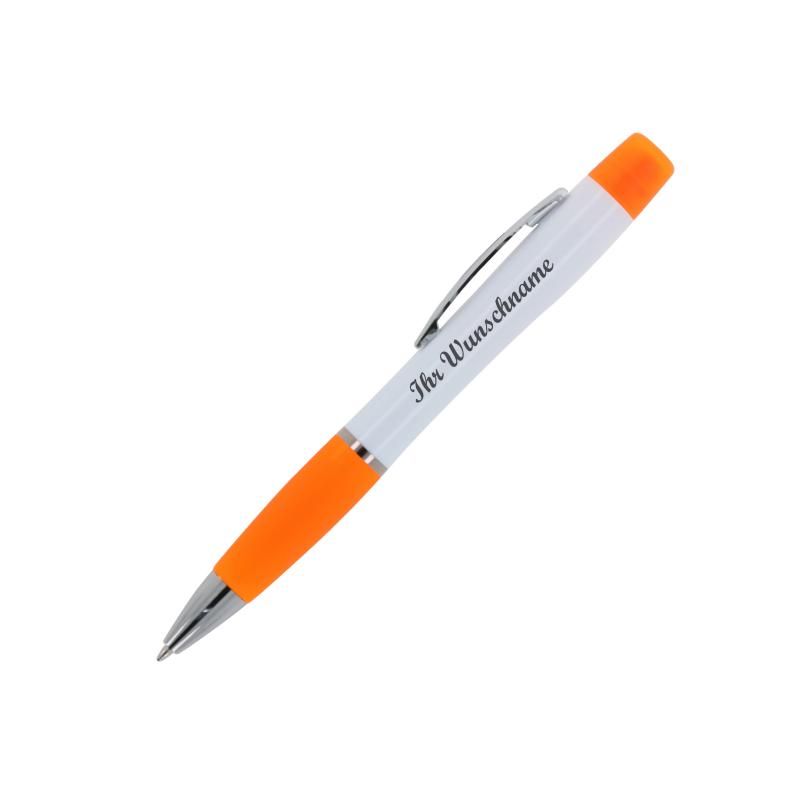 5x Kugelschreiber mit Namensgravur/ mit dreifarbigen Textmarker / weiß-orange