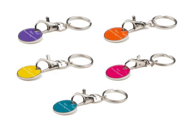 5x Schlüsselanhänger mit Gravur mit Einkaufschip / orange,gelb,pink,türkis,lila