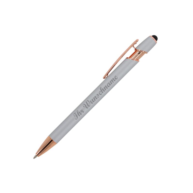 5x Touchpen Kugelschreiber "Roségold" mit Namensgravur - aus Metall - silber