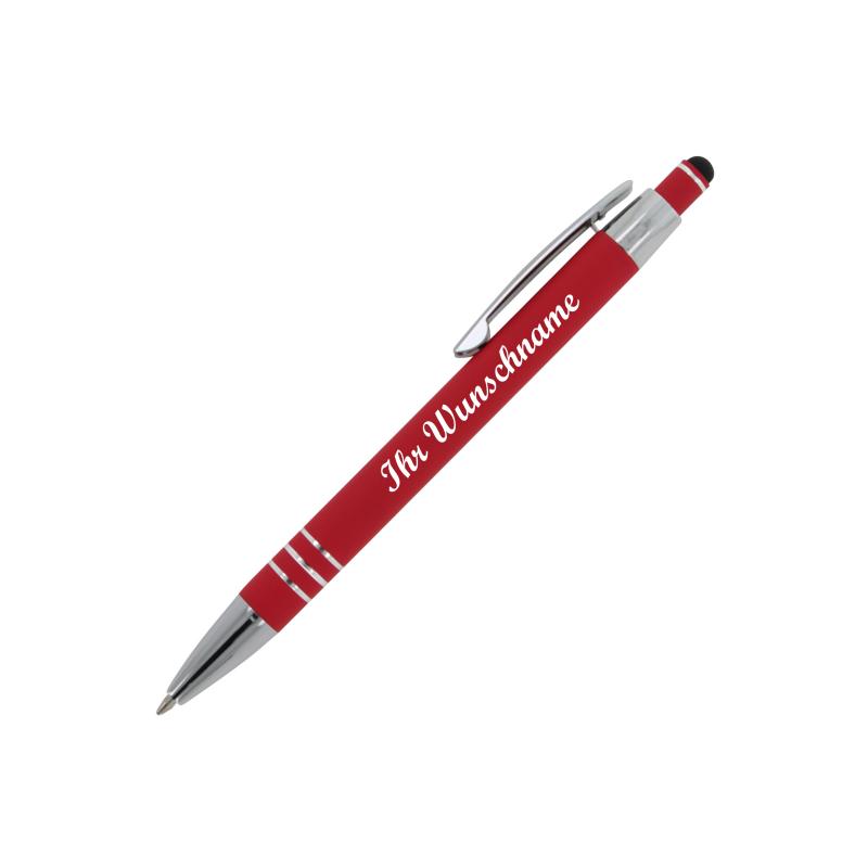 5x Touchpen Kugelschreiber mit Namensgravur - aus Metall - mit Soft-Touch - rot