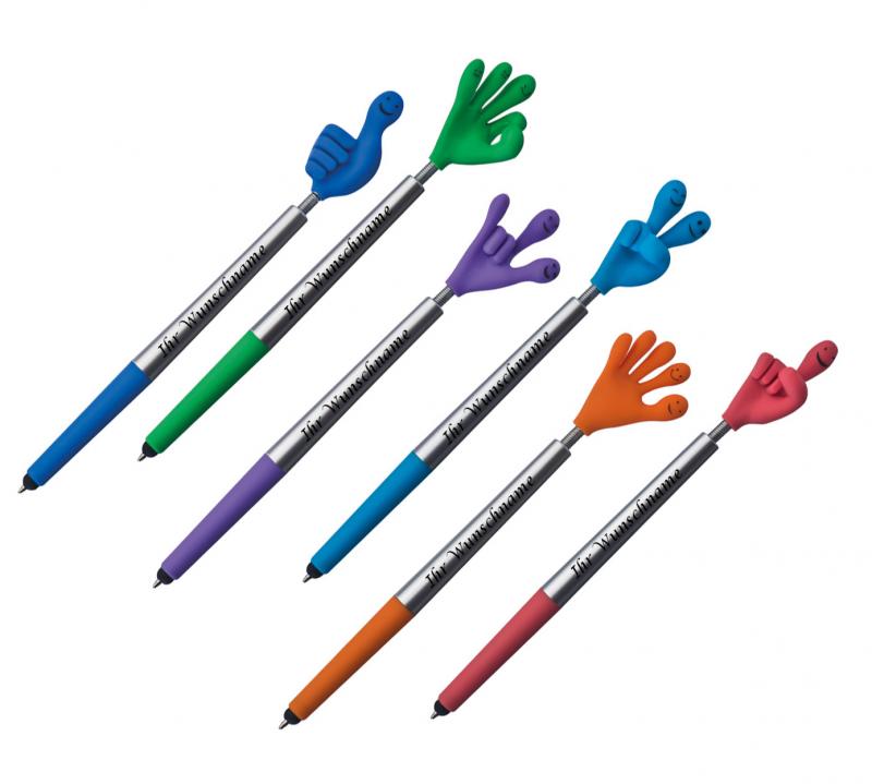 6 Touchpen Kugelschreiber mit Gravur / "Smile Hand" / 6 verschiedene Farben