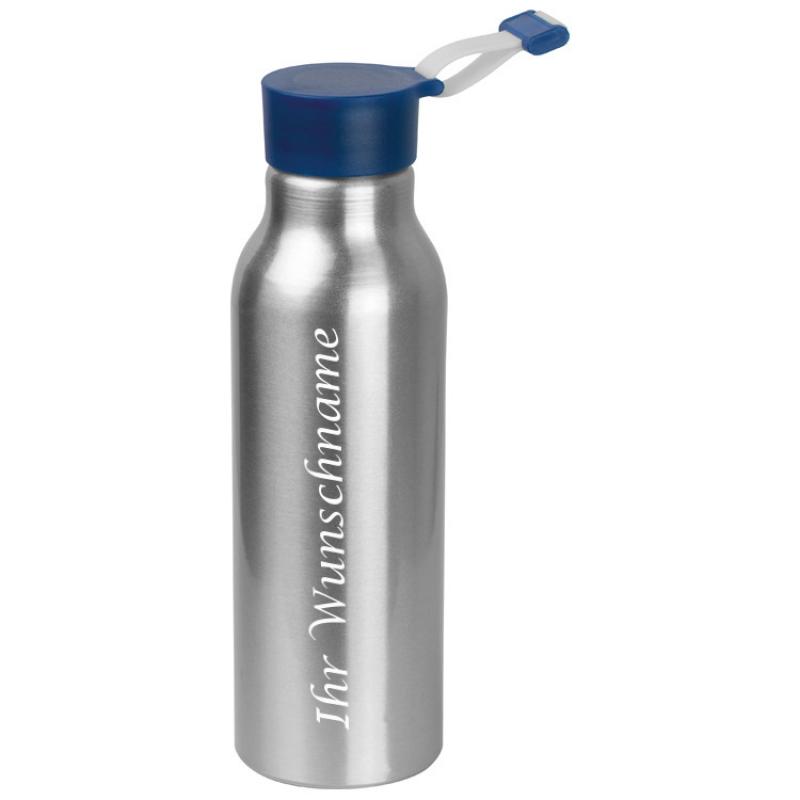 Alu Trinkflasche mit Gravur / Füllvermögen von 600 ml / mit blauen Silikondeckel