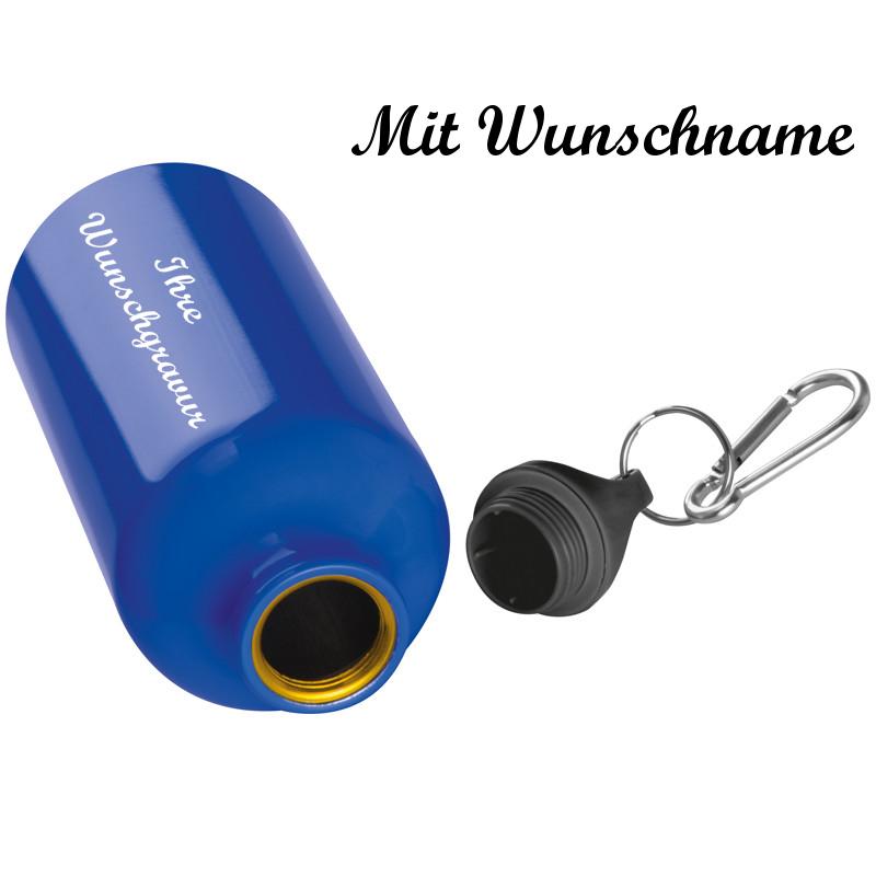 Alu Trinkflasche mit Namensgravur - mit Karabinerhaken - 500ml - Farbe: blau