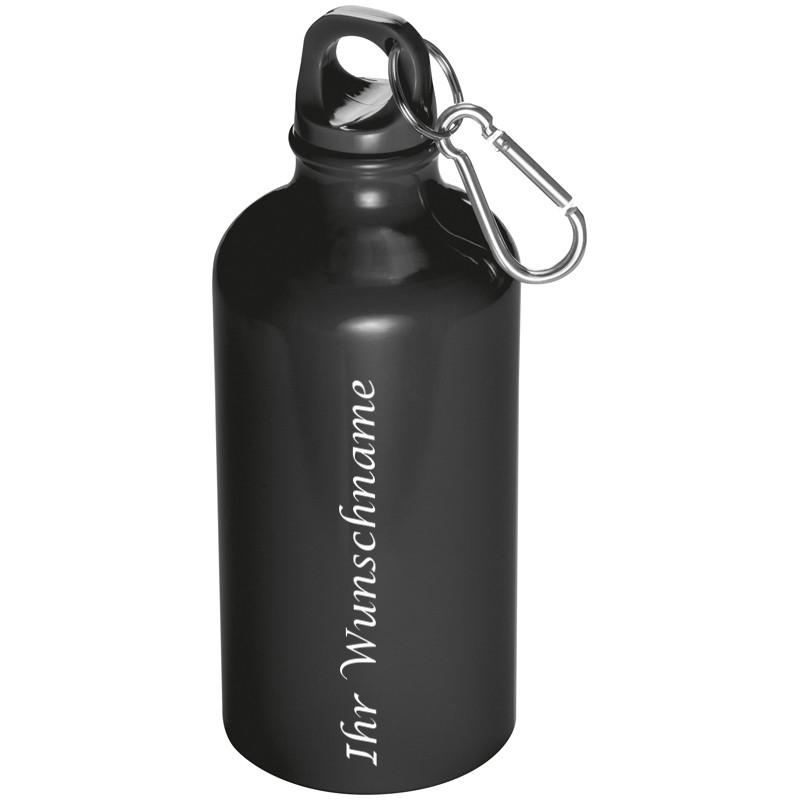 Aluminium Trinkflasche mit Gravur / mit Karabinerhaken / 500ml / Farbe: schwarz