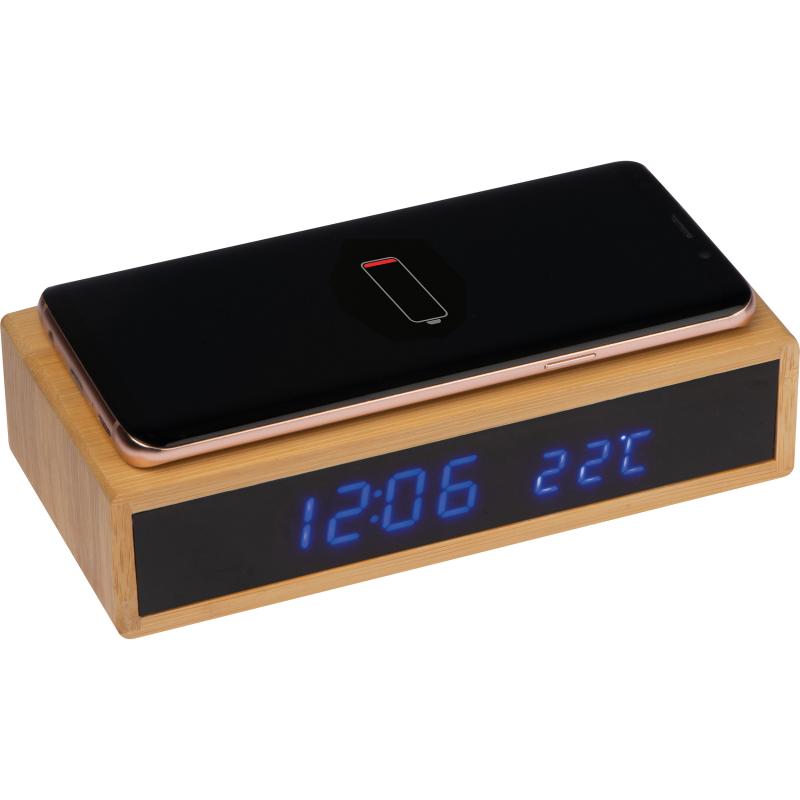 Bambus Schreibtischuhr mit Gravur / mit Wireless Charging, Wecker, Thermometer