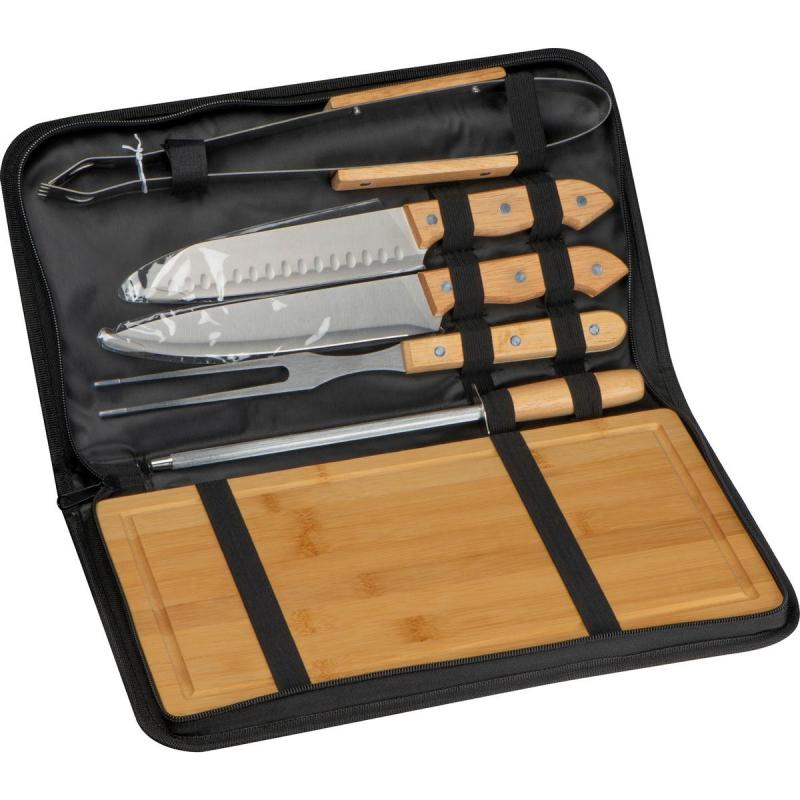 BBQ Set mit Gravur / mit Holzbrett,Messer,Grillzange,Fleischgabel,Messerschärfer