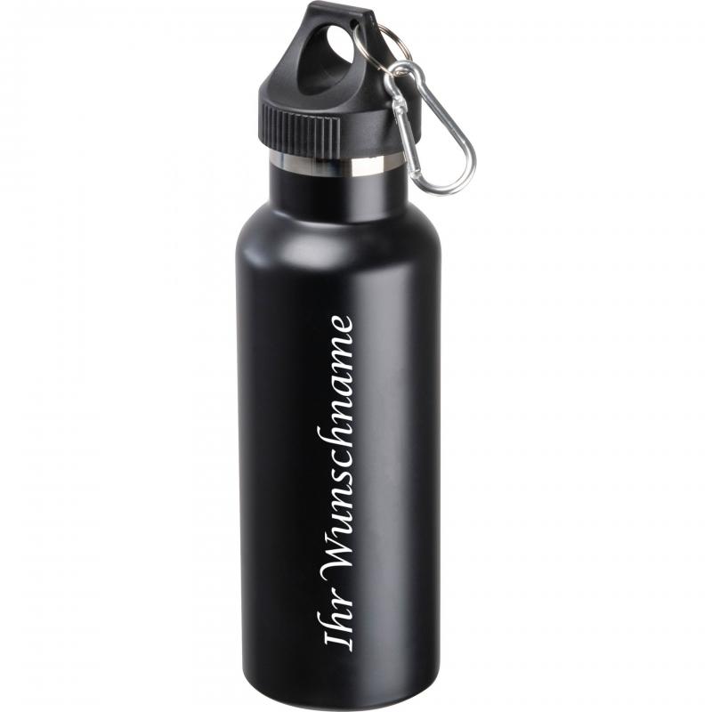 Doppelwandige Vakuum Edelstahl Trinkflasche mit Gravur / mit Karabiner / schwarz