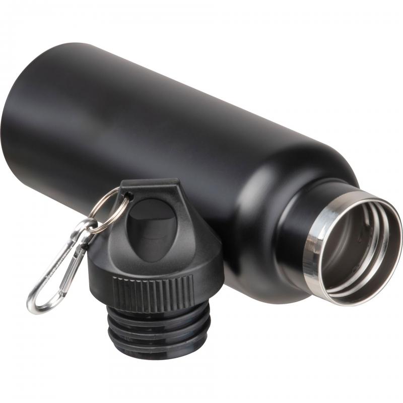 Doppelwandige Vakuum Edelstahl Trinkflasche mit Gravur / mit Karabiner / schwarz