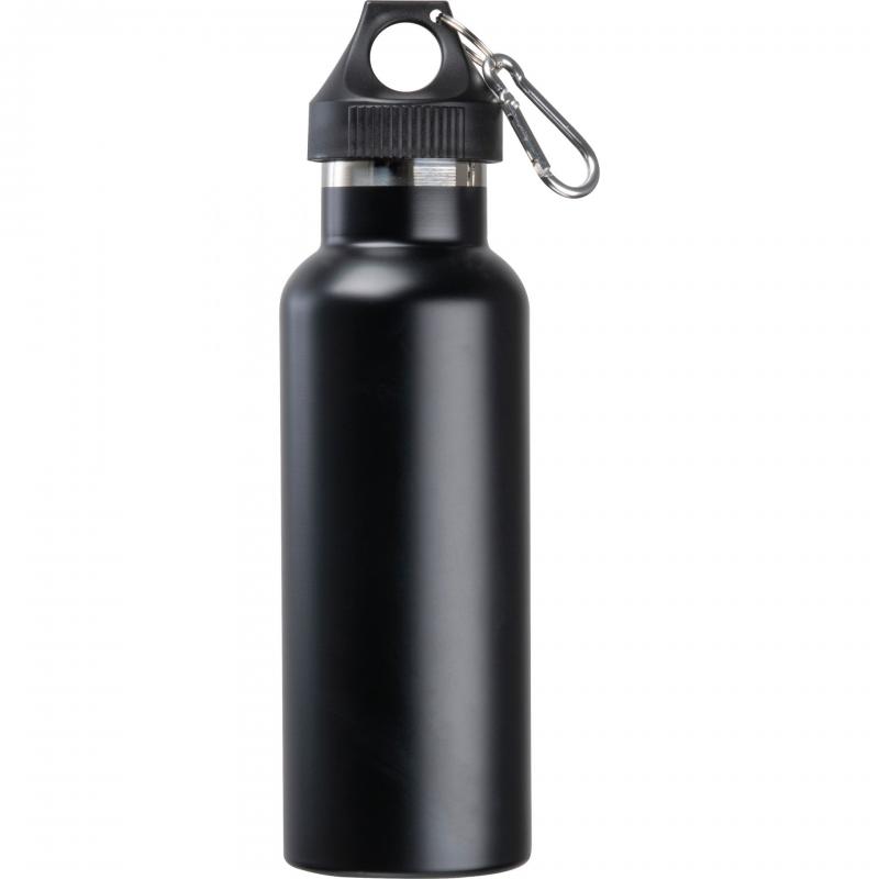 Doppelwandige Vakuum Trinkflasche aus Edelstahl mit Karabiner / Farbe: schwarz